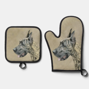 Ensemble De Gant De Cuisine Et De Manique Grande Dane Peinture Brindle Original Pet Dog Art