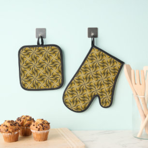 Ensemble De Gant De Cuisine Et De Manique Graphique géométrique 3D spirale torse jaune