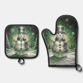 Ensemble De Gant De Cuisine Et De Manique Green Snowman Snowflakes (Recto)