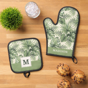 Ensemble De Gant De Cuisine Et De Manique Green Tropical Palm Feuille Motif