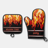 Ensemble De Gant De Cuisine Et De Manique Grill Master Name Noir avec flammes (Recto)