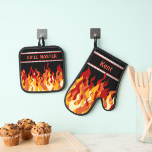 Ensemble De Gant De Cuisine Et De Manique Grill Master Name Noir avec flammes