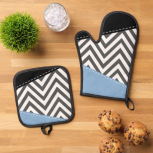 Ensemble De Gant De Cuisine Et De Manique Gris Zigzag, Gris Chevron, Motif Zigzag, Bleu