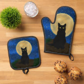 Ensemble De Gant De Cuisine Et De Manique Halloween Black Cat Moonlit Silhouette  (De haut en bas)