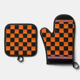 Ensemble De Gant De Cuisine Et De Manique Halloween orange et noir chèque