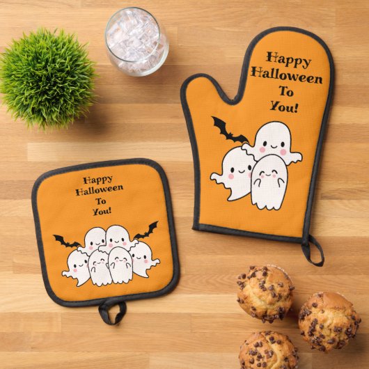 Ensemble De Gant De Cuisine Et De Manique Happy Halloween mignonne Personnaliser (De haut en bas)