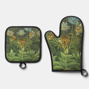 Ensemble De Gant De Cuisine Et De Manique Henri Rousseau Jungle Tropical Lion Impression Vin