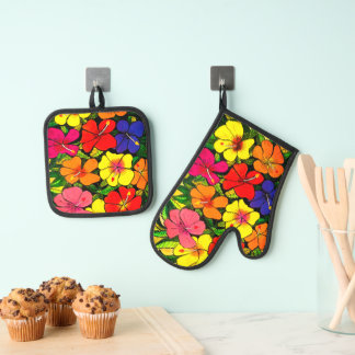 Ensemble De Gant De Cuisine Et De Manique Hibiscus