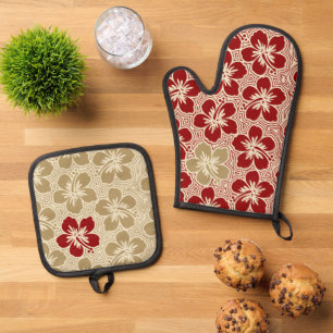Ensemble De Gant De Cuisine Et De Manique Hibiscus hawaïens floraux de l'île Rouge rayé