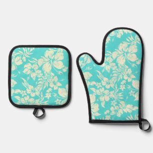 Ensemble De Gant De Cuisine Et De Manique Hibiscus Pareau perturbé Aqua hawaïen