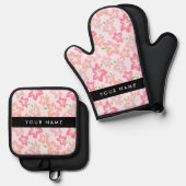 Ensemble De Gant De Cuisine Et De Manique Hibiscus Rose, Fleurs Roses, Votre Nom (Recto/Verso)