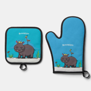 Ensemble De Gant De Cuisine Et De Manique Hippopotame drôle mignon avec dessin animé d'oisea