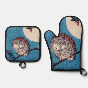Ensemble De Gant De Cuisine Et De Manique Hiroshige, Hibou sur branche d'érable sous pleine