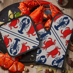 Ensemble De Gant De Cuisine Et De Manique Homard et crabes crustacés fruits de mer