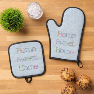 Ensemble De Gant De Cuisine Et De Manique Home Sweet Home Faux Stitching on Blue
