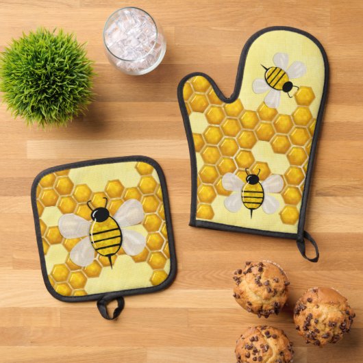 Ensemble De Gant De Cuisine Et De Manique Honey Comb 3D Whimsey (De haut en bas)