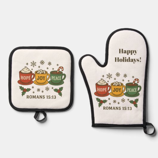 Ensemble De Gant De Cuisine Et De Manique Hope joy Peace and Cocoa (Recto)