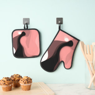 Ensemble De Gant De Cuisine Et De Manique Horizon coucher de soleil : rose, noir et blanc Ab