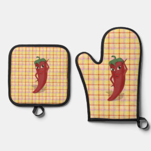 Ensemble De Gant De Cuisine Et De Manique Hot Pepper Diva Dessin personnalisé Plaid