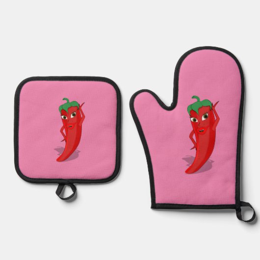 Ensemble De Gant De Cuisine Et De Manique Hot Pepper Diva Dessin Personnalisé Rose (Recto)