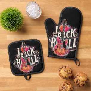Ensemble De Gant De Cuisine Et De Manique I Love Rock N Roll Guitare Électrique Peinture