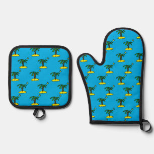 Ensemble De Gant De Cuisine Et De Manique Îles Désertiques Tropicales en Motif sur un