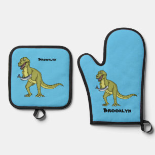Ensemble De Gant De Cuisine Et De Manique Illustration de dinosaure T rex drôle