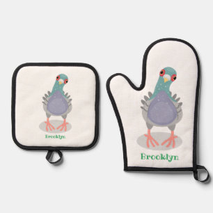 Ensemble De Gant De Cuisine Et De Manique Illustration drôle de pigeon curieux