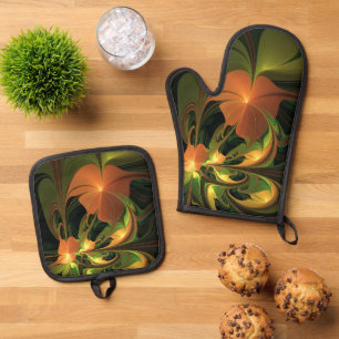 Ensemble De Gant De Cuisine Et De Manique Imaginaire Plante Abstrait rouille verte Brown fra
