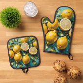 Ensemble De Gant De Cuisine Et De Manique Impression citron jaune (De haut en bas)