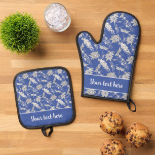 Ensemble De Gant De Cuisine Et De Manique Impression florale élégante libellule bleu gris bl
