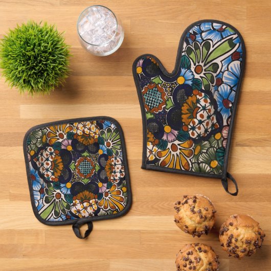 Ensemble De Gant De Cuisine Et De Manique Impression florale espagnole (De haut en bas)