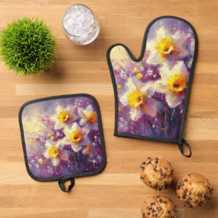 Ensemble De Gant De Cuisine Et De Manique Impressionniste Daffodique Floral Purple Jaune Art