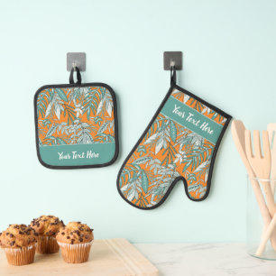 Ensemble De Gant De Cuisine Et De Manique Imprimé de feuille florale tropicale fantaisiste