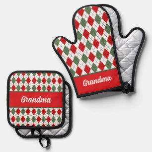 Ensemble De Gant De Cuisine Et De Manique Jacquard rouge et vert à motif grand-mère Noël