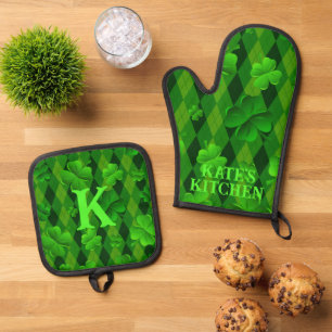 Ensemble De Gant De Cuisine Et De Manique Jacquard vert Clover irlandais Personnalisé