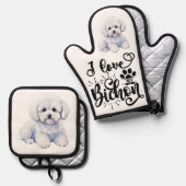 Ensemble De Gant De Cuisine Et De Manique J'adore mon Bichon (Recto/Verso)