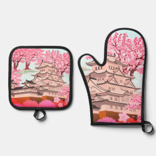 Ensemble De Gant De Cuisine Et De Manique Japonais Sakura Castle Art - Cherry Blossom Printe