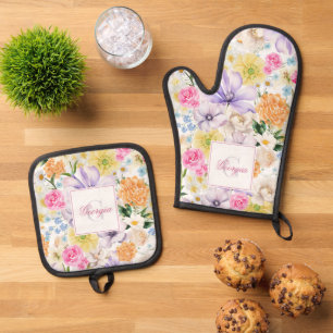 Ensemble De Gant De Cuisine Et De Manique Jardin d'été Aquarelle Florale Nom du monogramme