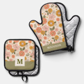 Ensemble De Gant De Cuisine Et De Manique Jardin rose et orange Motif (Recto/Verso)