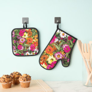 Ensemble De Gant De Cuisine Et De Manique Jardin Zinnia coloré Floral