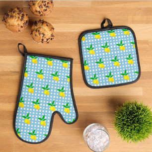 Ensemble De Gant De Cuisine Et De Manique Jaune Citron Soleil Rétro Bleu Blanc à Carreaux
