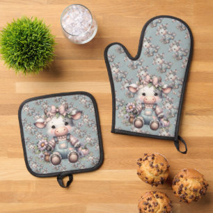 Ensemble De Gant De Cuisine Et De Manique Joli bébé vache pastel en salopette avec des fleur