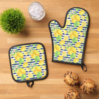 Ensemble De Gant De Cuisine Et De Manique Joli citrons aquarelle sur bandes bleues