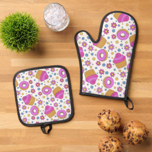Ensemble De Gant De Cuisine Et De Manique Joli cupcake coloré, fleur et bagel