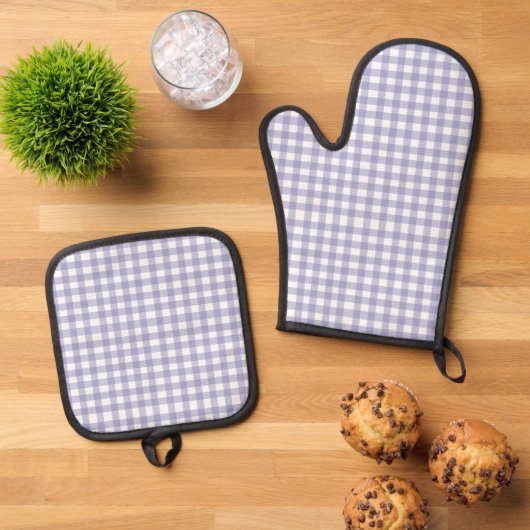 Ensemble De Gant De Cuisine Et De Manique Joli Gingham Bleu Clair (De haut en bas)