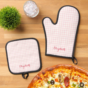Ensemble De Gant De Cuisine Et De Manique Joli Monogramme Rétro Rustique à Carreaux Roses et
