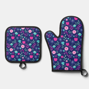 Ensemble De Gant De Cuisine Et De Manique Joli motif floral de fond