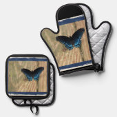 Ensemble De Gant De Cuisine Et De Manique Joli Papillon noir et bleu (Recto/Verso)