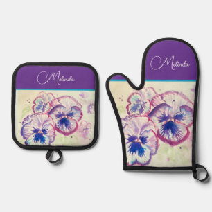 Ensemble De Gant De Cuisine Et De Manique Joli tablier aquarelle pastel floral pensée violet